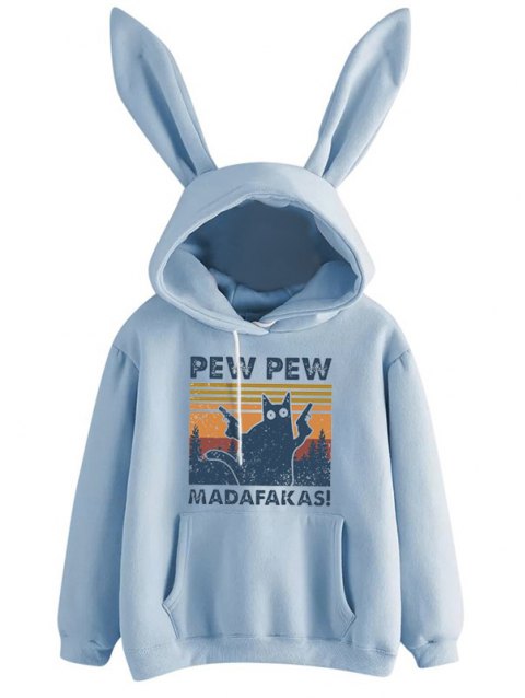 Pew Pew Cat Graphic Rabbit Ear Hooded Hoodies