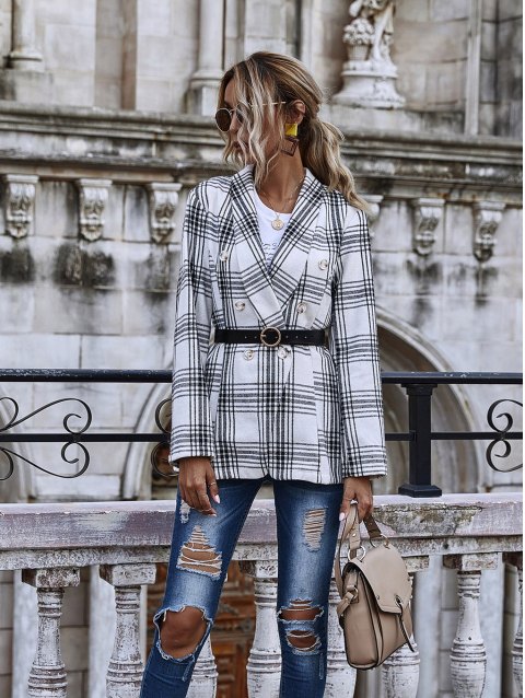 Plaid Button Lined Lapel Blazer