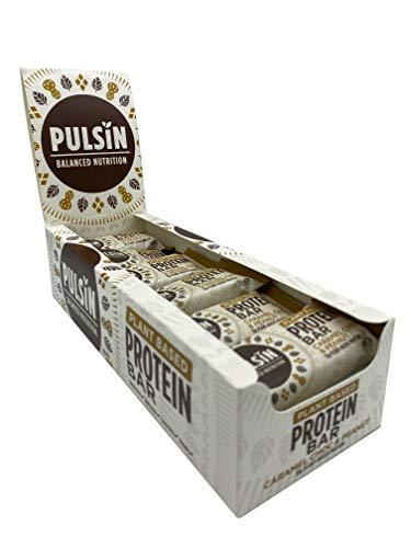 Pulsin - Caramel Choc & Peanut Vegan Protein Bars - 18 x 50g - 13g Protein 5.1g Fibre 240 Kcal Per Serving - Gluten Free Plant Based Palm Oil Free & Dairy Free Snack Bar