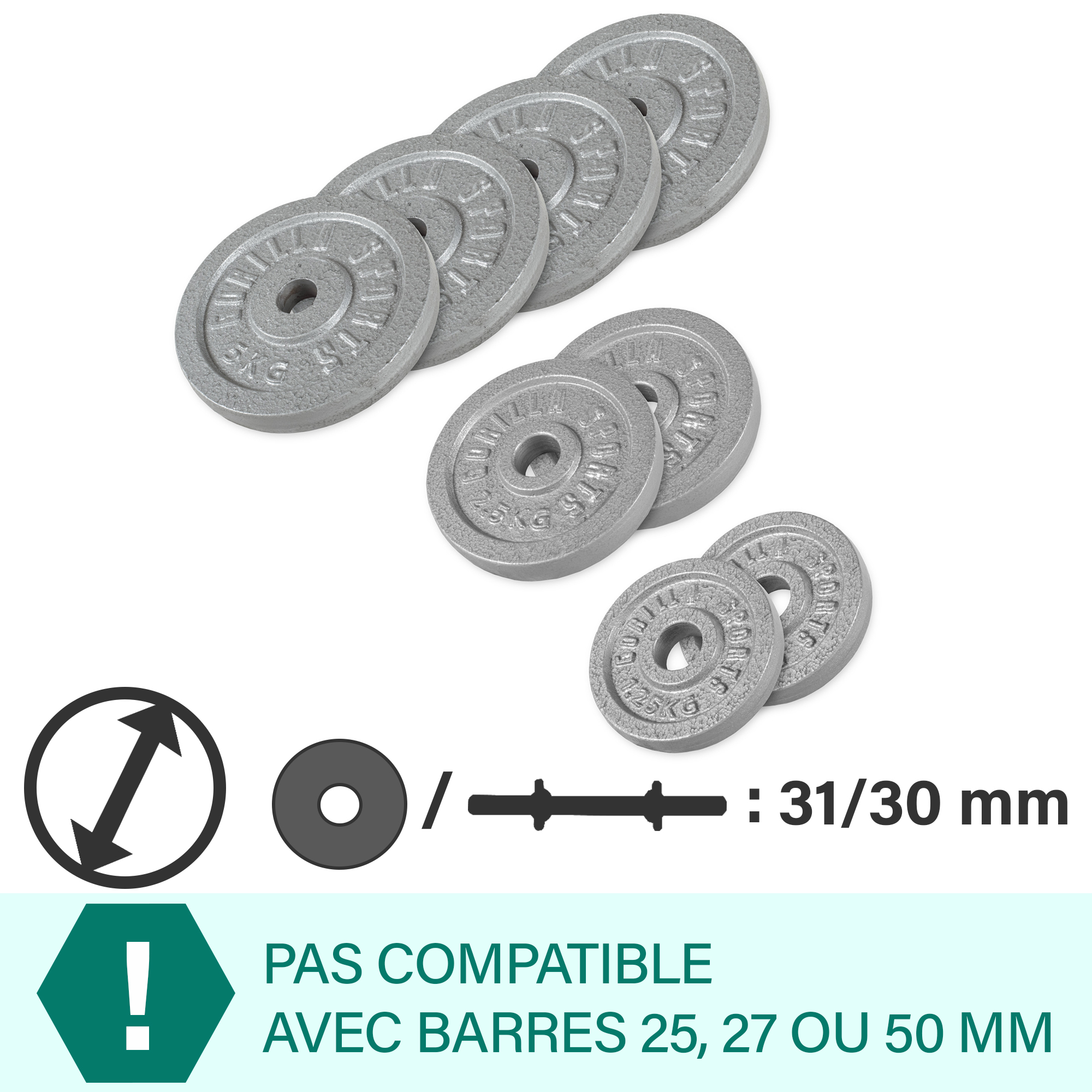  Lot des poids 27,5kg (4x5kg, 2x2,5kg et 2x1,25kg) en fonte de diamÃ¨tre 31mm