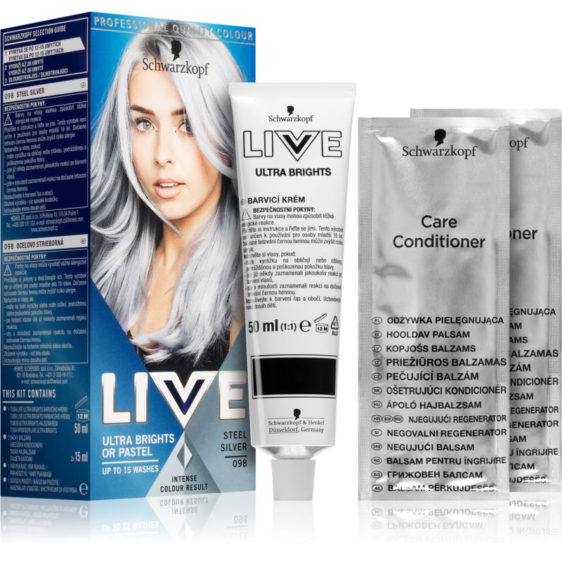 Schwarzkopf LIVE Ultra Brights or Pastel Hair Color Shade 98 Steel Silver