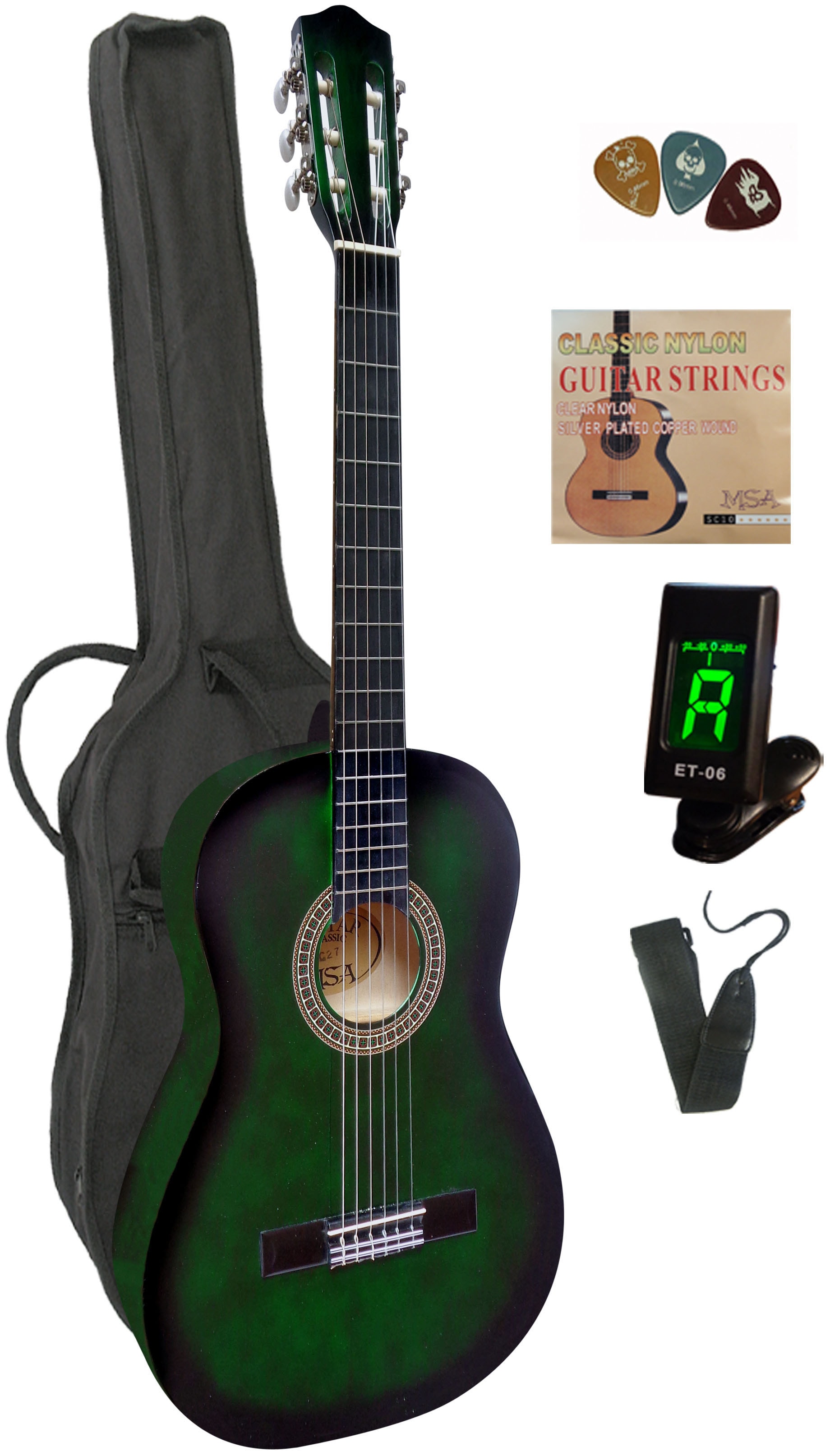  Konzertgitarre, 4/4, inkl. Gitarrentasche, Gitarrengurt, Saiten, 3 Plektren und Stimmgerät