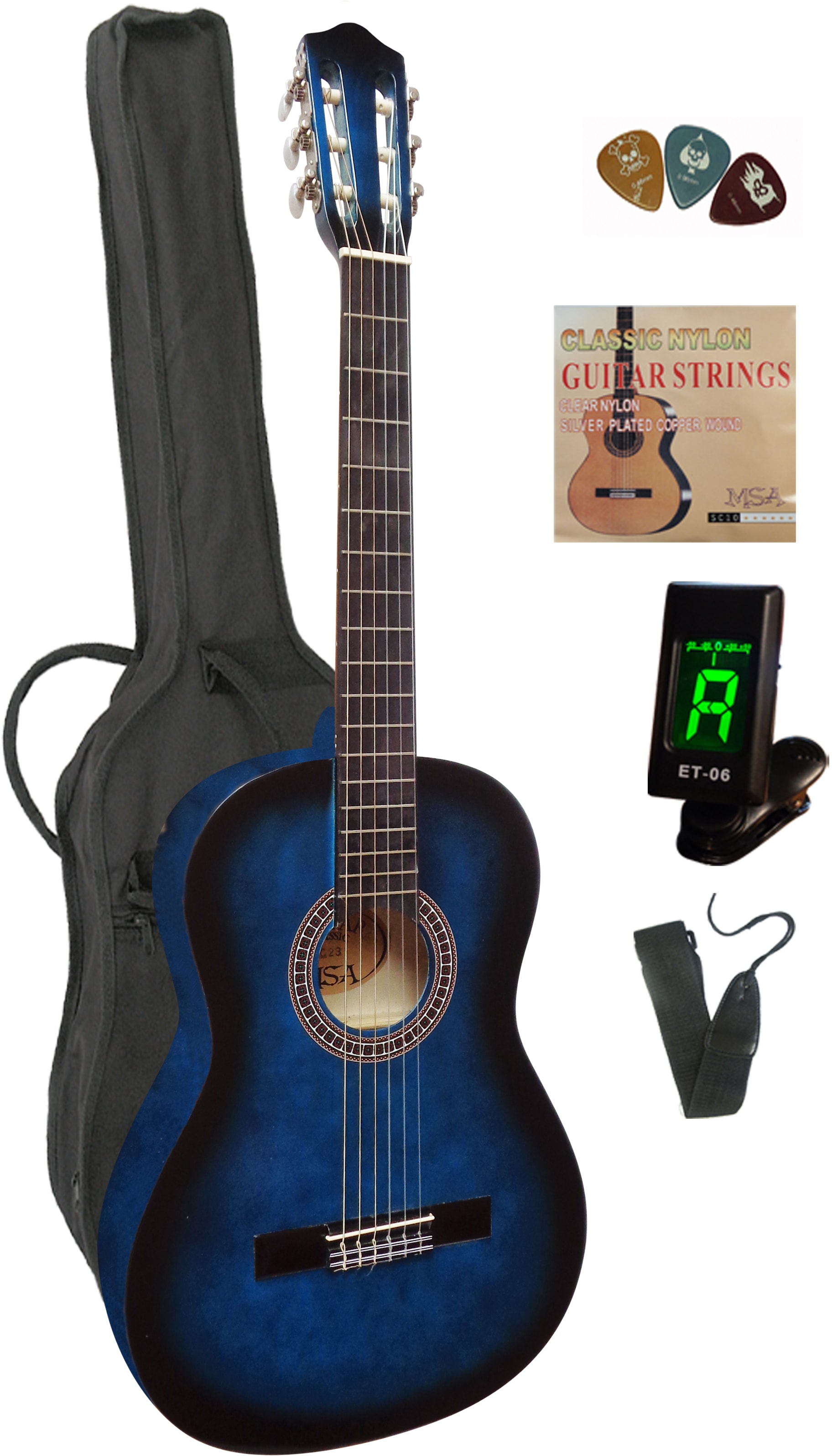  Konzertgitarre, 4/4, inkl. Gitarrentasche, Gitarrengurt, Saiten, 3 Plektren und Stimmgerät