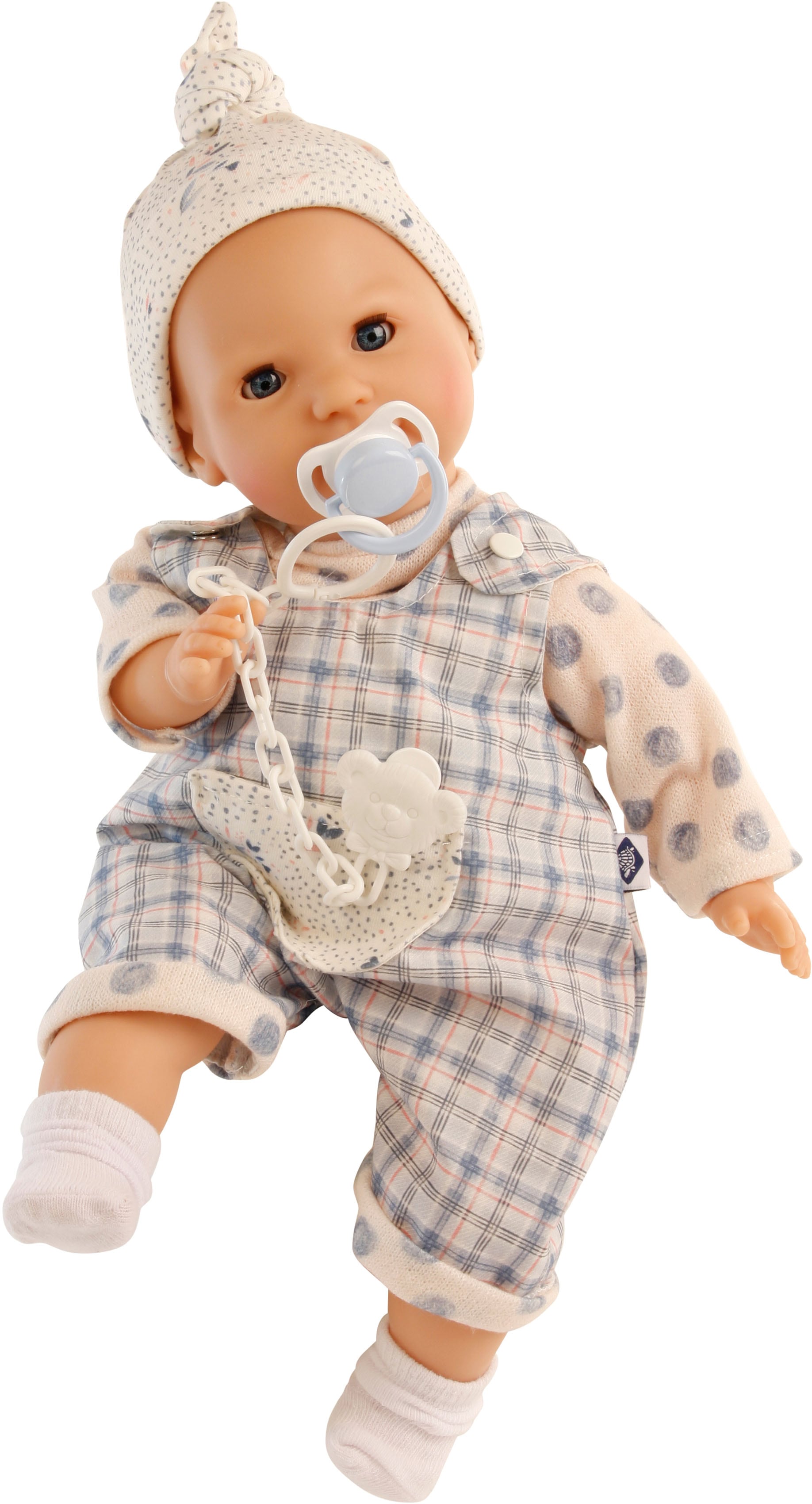 Schildkröt Manufaktur  Babypuppe Schnullerbaby Lenchen, blaue Augen, hellblau/weiß, Made in Germany