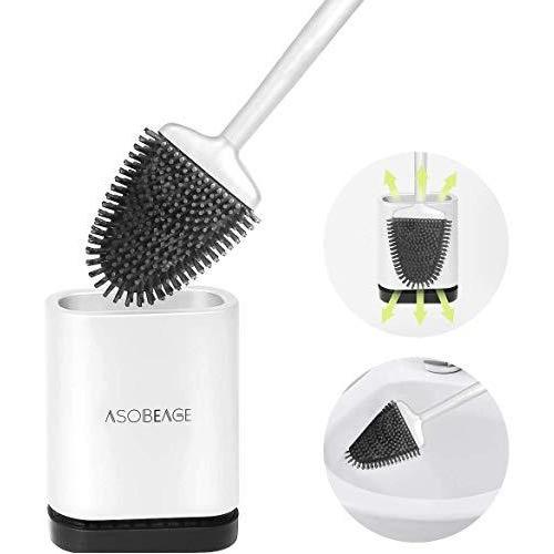 ASOBEAGE  Toilet Brush,Deep Cleaner Silicone Toilet Brushes with No-Slip Long Plastic Handle and Flexible Bristles, Silicone Toilet Brush with Quick Drying Holder Set for Bathroom Toilet (White) - Like New