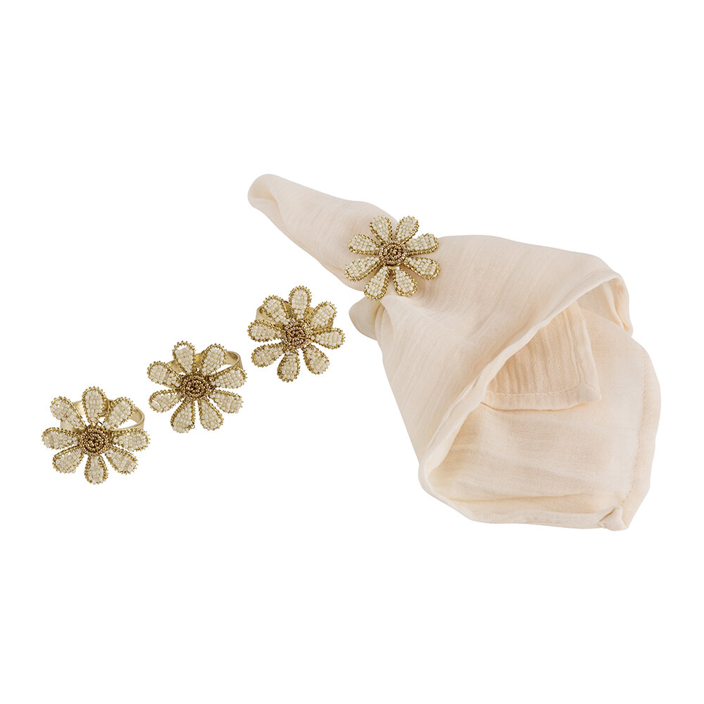 À la - Serviette und Ring mit Perlen - 4er-Set - Cremeweiß