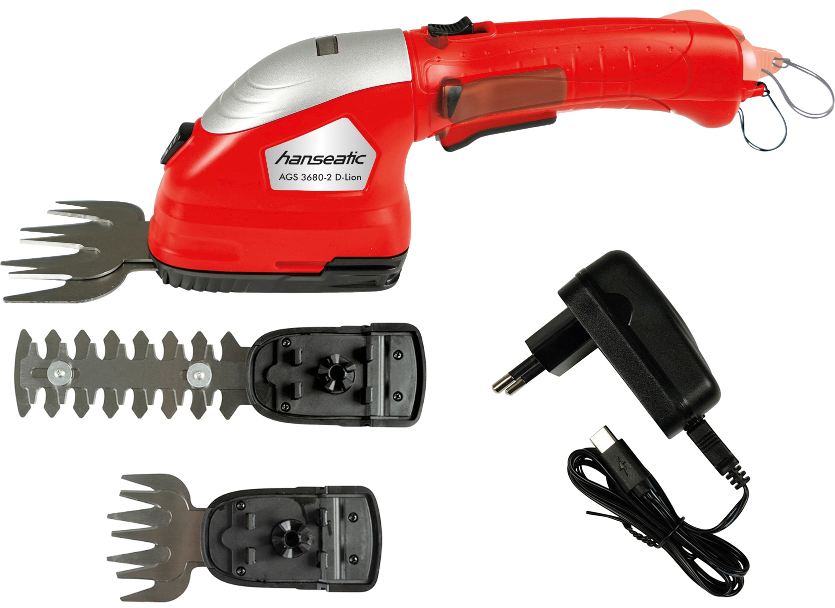 Hanseatic  Akku-Gras- und Strauchscherenset AGS 3680-2 D Lion, 8/12 cm Arbeitsbreite, mit Akku und Ladegerät