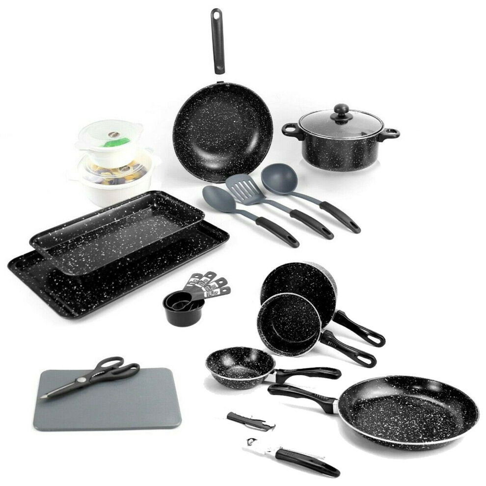 Urbn-Chef 21pc Kitchen Starter Set Black Marble Look Pots Pans Cookware Bakeware