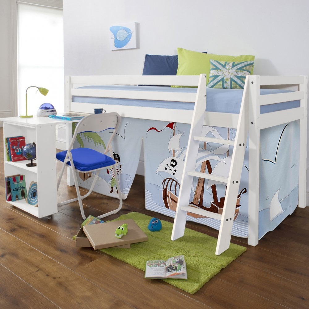 Nöa & Nani Cabin Bed in White with Desk and Tent in Pirate Pete Design Wood Finis